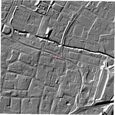 Shaded relief map of the ground around LE12HL, computed from Environment Agency LiDAR. The ground here sits at about 55 m above sea level and falls 14 m across the surrounding 800 m. Surface water reaching this point runs off ground lying to the south-east, 6.5 m higher.