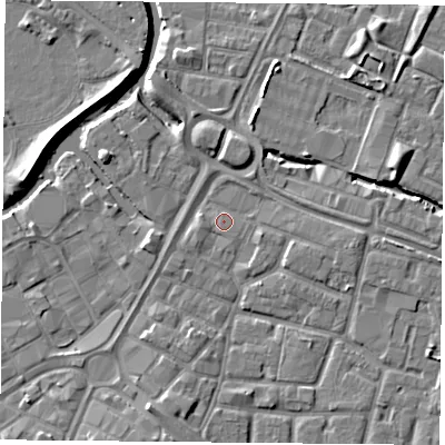 Shaded relief map of the ground around LE12HP, computed from Environment Agency LiDAR. The ground here sits at about 54 m above sea level and falls 7 m across the surrounding 800 m. Surface water reaching this point runs off ground lying to the south-west, 0.9 m higher.