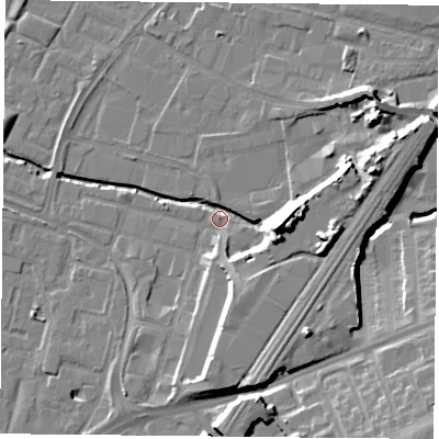 Shaded relief map of the ground around LE12JW, computed from Environment Agency LiDAR. The ground here sits at about 56 m above sea level and falls 18 m across the surrounding 800 m. Surface water reaching this point runs off ground lying to the east, 17.3 m higher.
