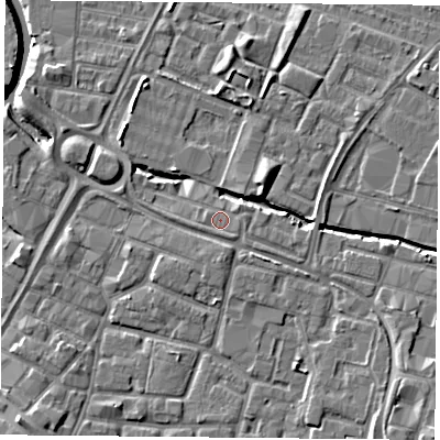 Shaded relief map of the ground around LE12JY, computed from Environment Agency LiDAR. The ground here sits at about 55 m above sea level and falls 8 m across the surrounding 800 m. Surface water reaching this point runs off ground lying to the east-north-east, 1.0 m higher.