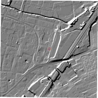 Shaded relief map of the ground around LE12LB, computed from Environment Agency LiDAR. The ground here sits at about 58 m above sea level and falls 18 m across the surrounding 800 m. Surface water reaching this point runs off ground lying to the south-south-east, 3.7 m higher.