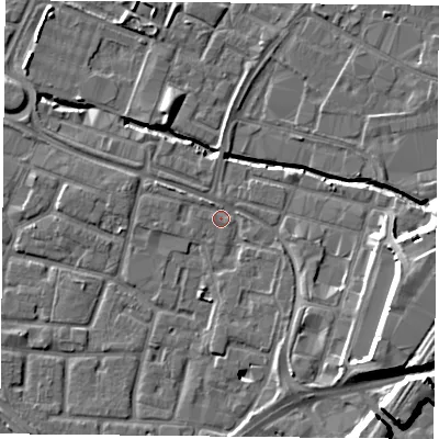 Shaded relief map of the ground around LE12ND, computed from Environment Agency LiDAR. The ground here sits at about 55 m above sea level and falls 14 m across the surrounding 800 m. Surface water reaching this point runs off ground lying to the south-east, 6.5 m higher.