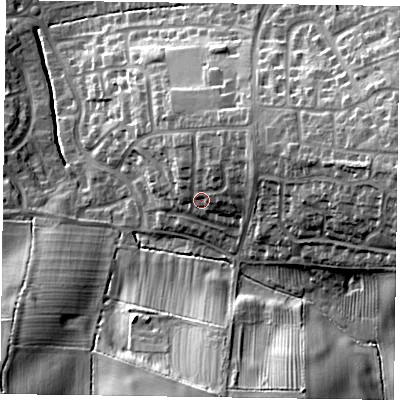Shaded relief map of the ground around LE130BA, computed from Environment Agency LiDAR. The ground here sits at about 87 m above sea level and falls 29 m across the surrounding 800 m. Surface water reaching this point runs off ground lying to the north-east, 8.5 m higher.