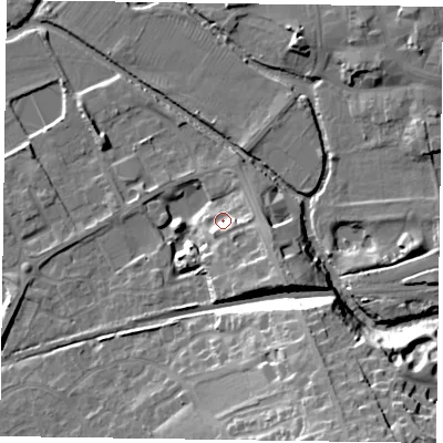 Shaded relief map of the ground around LE130BF, computed from Environment Agency LiDAR. The ground here sits at about 73 m above sea level and falls 24 m across the surrounding 800 m. Surface water reaching this point runs off ground lying to the east-south-east, 5.0 m higher.