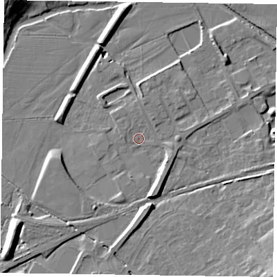 Shaded relief map of the ground around LE130BN, computed from Environment Agency LiDAR. The ground here sits at about 71 m above sea level and falls 13 m across the surrounding 800 m. Surface water reaching this point runs off ground lying to the north, 2.7 m higher.