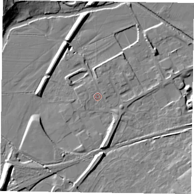 Shaded relief map of the ground around LE130BZ, computed from Environment Agency LiDAR. The ground here sits at about 71 m above sea level and falls 15 m across the surrounding 800 m. Surface water reaching this point runs off ground lying to the north, 1.5 m higher.