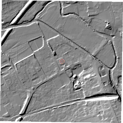 Shaded relief map of the ground around LE130DA, computed from Environment Agency LiDAR. The ground here sits at about 72 m above sea level and falls 20 m across the surrounding 800 m. Surface water reaching this point runs off ground lying to the east-south-east, 1.1 m higher.