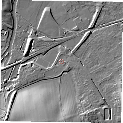 Shaded relief map of the ground around LE130DB, computed from Environment Agency LiDAR. The ground here sits at about 71 m above sea level and falls 22 m across the surrounding 800 m. Surface water reaching this point runs off ground lying to the south-south-west, 18.4 m higher.