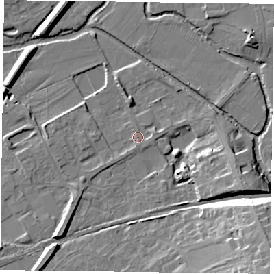 Shaded relief map of the ground around LE130DD, computed from Environment Agency LiDAR. The ground here sits at about 72 m above sea level and falls 23 m across the surrounding 800 m. Surface water reaching this point runs off ground lying to the south-south-east, 1.4 m higher.