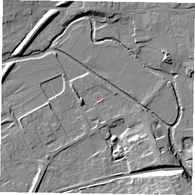 Shaded relief map of the ground around LE130DE, computed from Environment Agency LiDAR. The ground here sits at about 71 m above sea level and falls 18 m across the surrounding 800 m. Surface water reaching this point runs off ground lying to the west-south-west, 3.5 m higher.