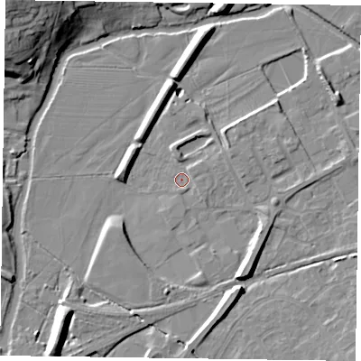 Shaded relief map of the ground around LE130DF, computed from Environment Agency LiDAR. The ground here sits at about 70 m above sea level and falls 19 m across the surrounding 800 m. Surface water reaching this point runs off ground lying to the east-north-east, 2.3 m higher.