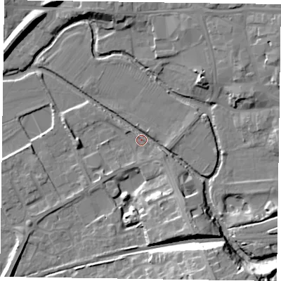 Shaded relief map of the ground around LE130DZ, computed from Environment Agency LiDAR. The ground here sits at about 71 m above sea level and falls 18 m across the surrounding 800 m. Surface water reaching this point runs off ground lying to the south-south-east, 12.6 m higher.