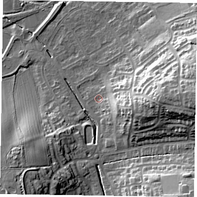 Shaded relief map of the ground around LE130EF, computed from Environment Agency LiDAR. The ground here sits at about 74 m above sea level and falls 25 m across the surrounding 800 m. Surface water reaching this point runs off ground lying to the east-south-east, 11.8 m higher.