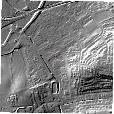 Shaded relief map of the ground around LE130EG, computed from Environment Agency LiDAR. The ground here sits at about 74 m above sea level and falls 25 m across the surrounding 800 m. Surface water reaching this point runs off ground lying to the east-south-east, 18.4 m higher.