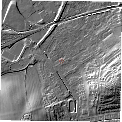 Shaded relief map of the ground around LE130EQ, computed from Environment Agency LiDAR. The ground here sits at about 73 m above sea level and falls 23 m across the surrounding 800 m. Surface water reaching this point runs off ground lying to the east-south-east, 19.9 m higher.