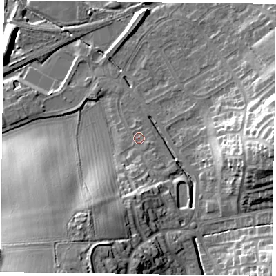 Shaded relief map of the ground around LE130ER, computed from Environment Agency LiDAR. The ground here sits at about 73 m above sea level and falls 24 m across the surrounding 800 m. Surface water reaching this point runs off ground lying to the east-south-east, 1.1 m higher.