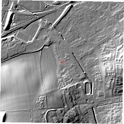 Shaded relief map of the ground around LE130EU, computed from Environment Agency LiDAR. The ground here sits at about 73 m above sea level and falls 24 m across the surrounding 800 m. Surface water reaching this point runs off ground lying to the east-south-east, 1.2 m higher.
