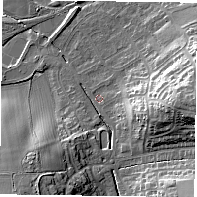 Shaded relief map of the ground around LE130EW, computed from Environment Agency LiDAR. The ground here sits at about 74 m above sea level and falls 24 m across the surrounding 800 m. Surface water reaching this point runs off ground lying to the south-west, 18.6 m higher.