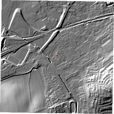 Shaded relief map of the ground around LE130EX, computed from Environment Agency LiDAR. The ground here sits at about 73 m above sea level and falls 22 m across the surrounding 800 m. Surface water reaching this point runs off ground lying to the east-south-east, 19.1 m higher.