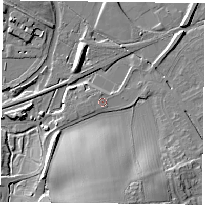 Shaded relief map of the ground around LE130FA, computed from Environment Agency LiDAR. The ground here sits at about 72 m above sea level and falls 24 m across the surrounding 800 m. Surface water reaching this point runs off ground lying to the west-south-west, 0.8 m higher.