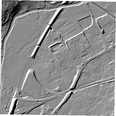 Shaded relief map of the ground around LE130GB, computed from Environment Agency LiDAR. The ground here sits at about 71 m above sea level and falls 18 m across the surrounding 800 m. Surface water reaching this point runs off ground lying to the south-west, 0.9 m higher.