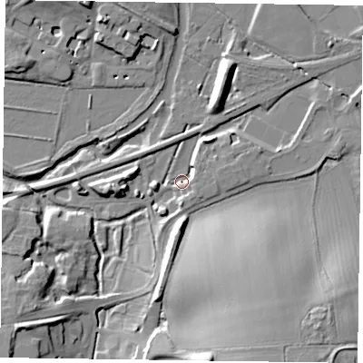 Shaded relief map of the ground around LE130GD, computed from Environment Agency LiDAR. The ground here sits at about 69 m above sea level and falls 25 m across the surrounding 800 m. Surface water reaching this point runs off ground lying to the east, 4.7 m higher.