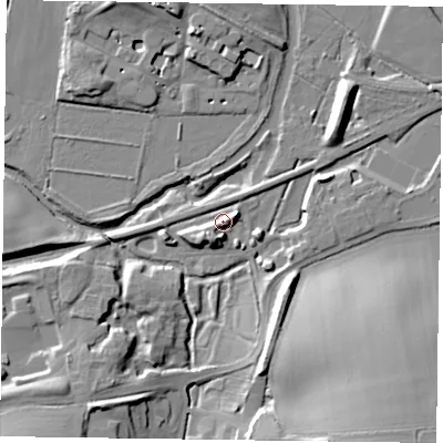 Shaded relief map of the ground around LE130GT, computed from Environment Agency LiDAR. The ground here sits at about 72 m above sea level and falls 25 m across the surrounding 800 m. Surface water reaching this point runs off ground lying to the south-south-west, 6.2 m higher.