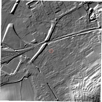 Shaded relief map of the ground around LE130HA, computed from Environment Agency LiDAR. The ground here sits at about 73 m above sea level and falls 23 m across the surrounding 800 m. Surface water reaching this point runs off ground lying to the south-east, 3.2 m higher.
