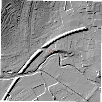 Shaded relief map of the ground around LE130HN, computed from Environment Agency LiDAR. The ground here sits at about 74 m above sea level and falls 31 m across the surrounding 800 m. Surface water reaching this point runs off ground lying to the east-north-east, 2.7 m higher.