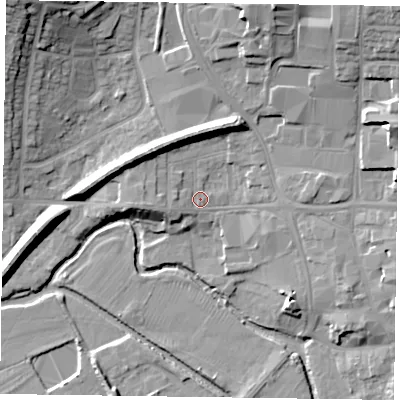 Shaded relief map of the ground around LE130HR, computed from Environment Agency LiDAR. The ground here sits at about 74 m above sea level and falls 21 m across the surrounding 800 m. Surface water reaching this point runs off ground lying to the north, 8.5 m higher.