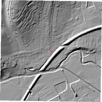 Shaded relief map of the ground around LE130HT, computed from Environment Agency LiDAR. The ground here sits at about 72 m above sea level and falls 31 m across the surrounding 800 m. Surface water reaching this point runs off ground lying to the north-north-west, 27.6 m higher.