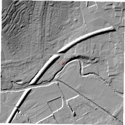 Shaded relief map of the ground around LE130JB, computed from Environment Agency LiDAR. The ground here sits at about 72 m above sea level and falls 31 m across the surrounding 800 m. Surface water reaching this point runs off ground lying to the west-north-west, 7.5 m higher.