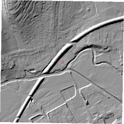 Shaded relief map of the ground around LE130JD, computed from Environment Agency LiDAR. The ground here sits at about 71 m above sea level and falls 27 m across the surrounding 800 m. Surface water reaching this point runs off ground lying to the north-north-east, 7.6 m higher.