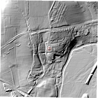 Shaded relief map of the ground around LE130JG, computed from Environment Agency LiDAR. The ground here sits at about 82 m above sea level and falls 30 m across the surrounding 800 m. Surface water reaching this point runs off ground lying to the north-north-east, 3.8 m higher.