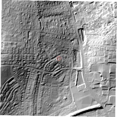 Shaded relief map of the ground around LE130LE, computed from Environment Agency LiDAR. The ground here sits at about 86 m above sea level and falls 40 m across the surrounding 800 m. Surface water reaching this point runs off ground lying to the north-west, 27.8 m higher.