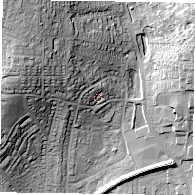 Shaded relief map of the ground around LE130LN, computed from Environment Agency LiDAR. The ground here sits at about 84 m above sea level and falls 40 m across the surrounding 800 m. Surface water reaching this point runs off ground lying to the west-north-west, 6.6 m higher.