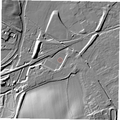 Shaded relief map of the ground around LE130LR, computed from Environment Agency LiDAR. The ground here sits at about 70 m above sea level and falls 21 m across the surrounding 800 m. Surface water reaching this point runs off ground lying to the south, 18.0 m higher.