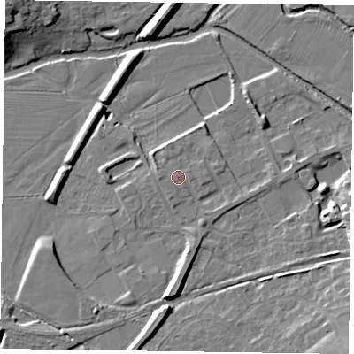 Shaded relief map of the ground around LE130LS, computed from Environment Agency LiDAR. The ground here sits at about 72 m above sea level and falls 13 m across the surrounding 800 m. Surface water reaching this point runs off ground lying to the south-east, 0.6 m higher.