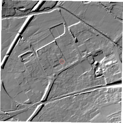 Shaded relief map of the ground around LE130LT, computed from Environment Agency LiDAR. The ground here sits at about 72 m above sea level and falls 16 m across the surrounding 800 m. Surface water reaching this point runs off ground lying to the west-north-west, 1.5 m higher.