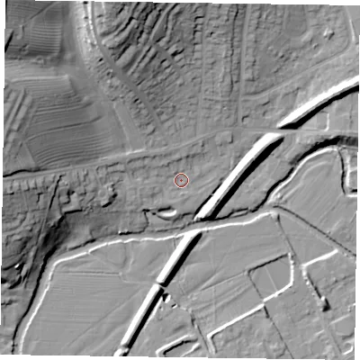 Shaded relief map of the ground around LE130LU, computed from Environment Agency LiDAR. The ground here sits at about 72 m above sea level and falls 32 m across the surrounding 800 m. Surface water reaching this point runs off ground lying to the north-west, 3.2 m higher.