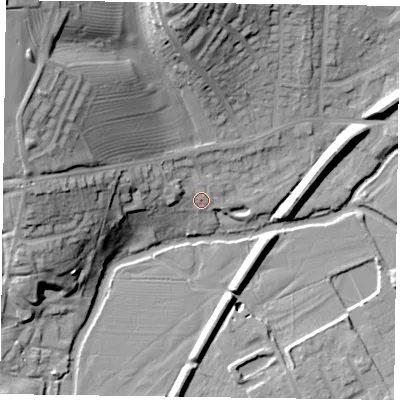 Shaded relief map of the ground around LE130LZ, computed from Environment Agency LiDAR. The ground here sits at about 73 m above sea level and falls 34 m across the surrounding 800 m. Surface water reaching this point runs off ground lying to the west, 16.9 m higher.