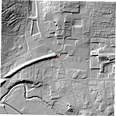 Shaded relief map of the ground around LE130NP, computed from Environment Agency LiDAR. The ground here sits at about 76 m above sea level and falls 25 m across the surrounding 800 m. Surface water reaching this point runs off ground lying to the north-north-east, 18.1 m higher.
