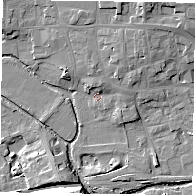 Shaded relief map of the ground around LE130PP, computed from Environment Agency LiDAR. The ground here sits at about 71 m above sea level and falls 15 m across the surrounding 800 m. Surface water reaching this point runs off ground lying to the north-east, 8.0 m higher.