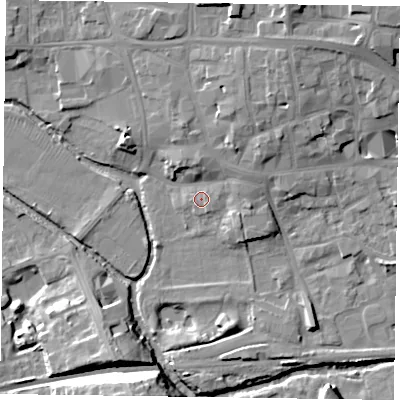 Shaded relief map of the ground around LE130PR, computed from Environment Agency LiDAR. The ground here sits at about 72 m above sea level and falls 16 m across the surrounding 800 m. Surface water reaching this point runs off ground lying to the east-north-east, 1.6 m higher.