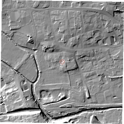 Shaded relief map of the ground around LE130PT, computed from Environment Agency LiDAR. The ground here sits at about 72 m above sea level and falls 17 m across the surrounding 800 m. Surface water reaching this point runs off ground lying to the east-north-east, 3.1 m higher.