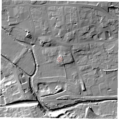 Shaded relief map of the ground around LE130PW, computed from Environment Agency LiDAR. The ground here sits at about 73 m above sea level and falls 18 m across the surrounding 800 m. Surface water reaching this point runs off ground lying to the north-east, 3.1 m higher.