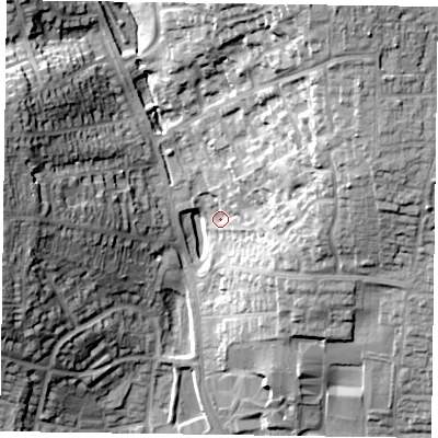 Shaded relief map of the ground around LE130PX, computed from Environment Agency LiDAR. The ground here sits at about 84 m above sea level and falls 32 m across the surrounding 800 m. Surface water reaching this point runs off ground lying to the north-east, 21.1 m higher.