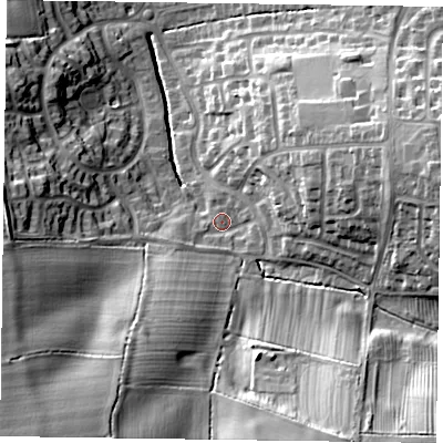 Shaded relief map of the ground around LE130QF, computed from Environment Agency LiDAR. The ground here sits at about 80 m above sea level and falls 29 m across the surrounding 800 m. Surface water reaching this point runs off ground lying to the south-south-west, 20.2 m higher.