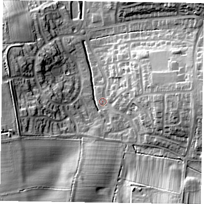 Shaded relief map of the ground around LE130QG, computed from Environment Agency LiDAR. The ground here sits at about 78 m above sea level and falls 29 m across the surrounding 800 m. Surface water reaching this point runs off ground lying to the south-south-west, 19.8 m higher.