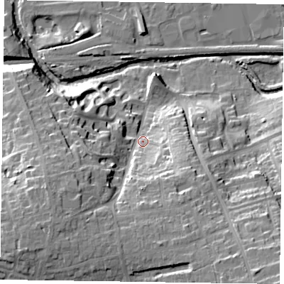 Shaded relief map of the ground around LE130QJ, computed from Environment Agency LiDAR. The ground here sits at about 79 m above sea level and falls 32 m across the surrounding 800 m. Surface water reaching this point runs off ground lying to the south-west, 19.2 m higher.